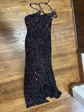Black One-Shoulder Sequined Evening Gown with Multicolor Sparkle